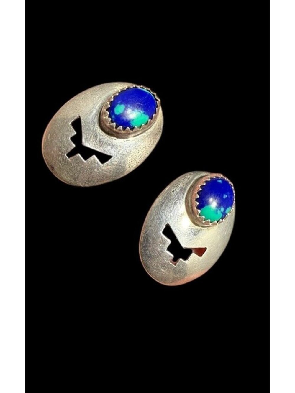 Navajo Sterling Silver Azurite Stud Earrings Open Work Oval